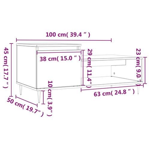 Sofabord 100x50x45 cm konstrueret træ brun egetræsfarve