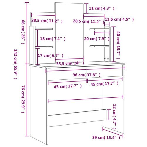 Makeupbord med spejl 96x39x142 cm hvid