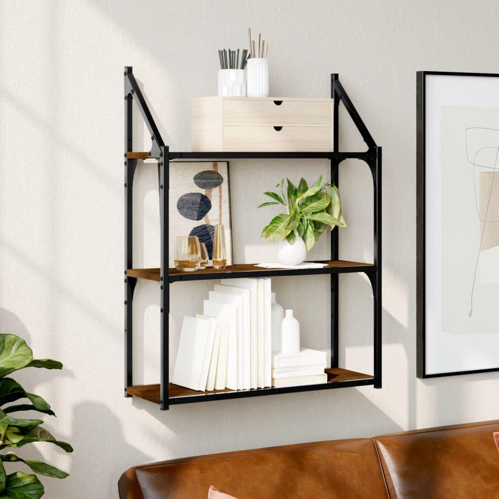 Vægreol med 3 hylder 60x21x78,5 cm konstrueret træ brun eg