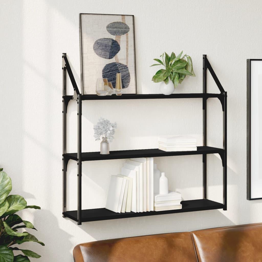 Vægreol med 3 hylder 80x21x78,5 cm konstrueret træ sort