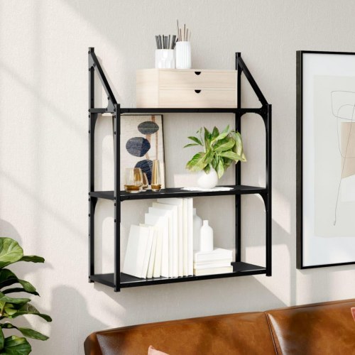 Vægreol med 3 hylder 60x21x78,5 cm konstrueret træ sort