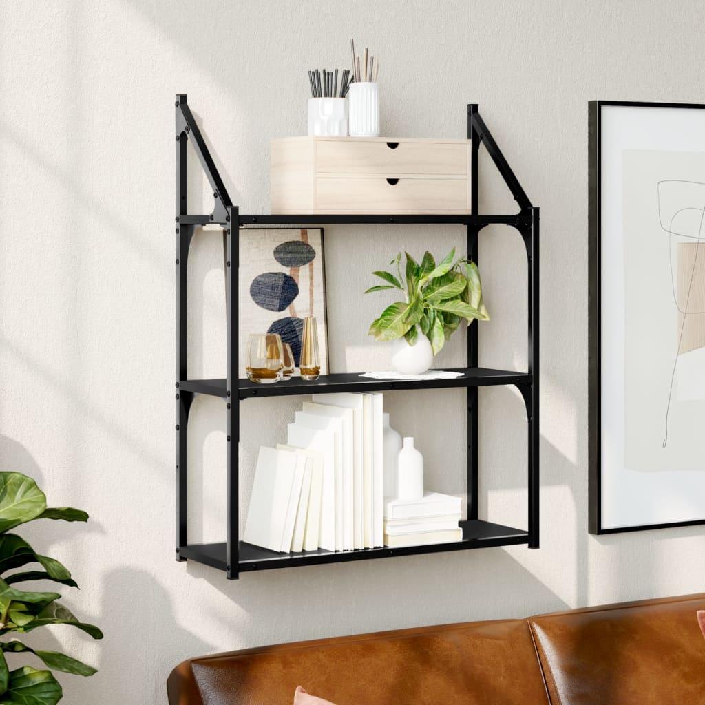 Vægreol med 3 hylder 60x21x78,5 cm konstrueret træ sort