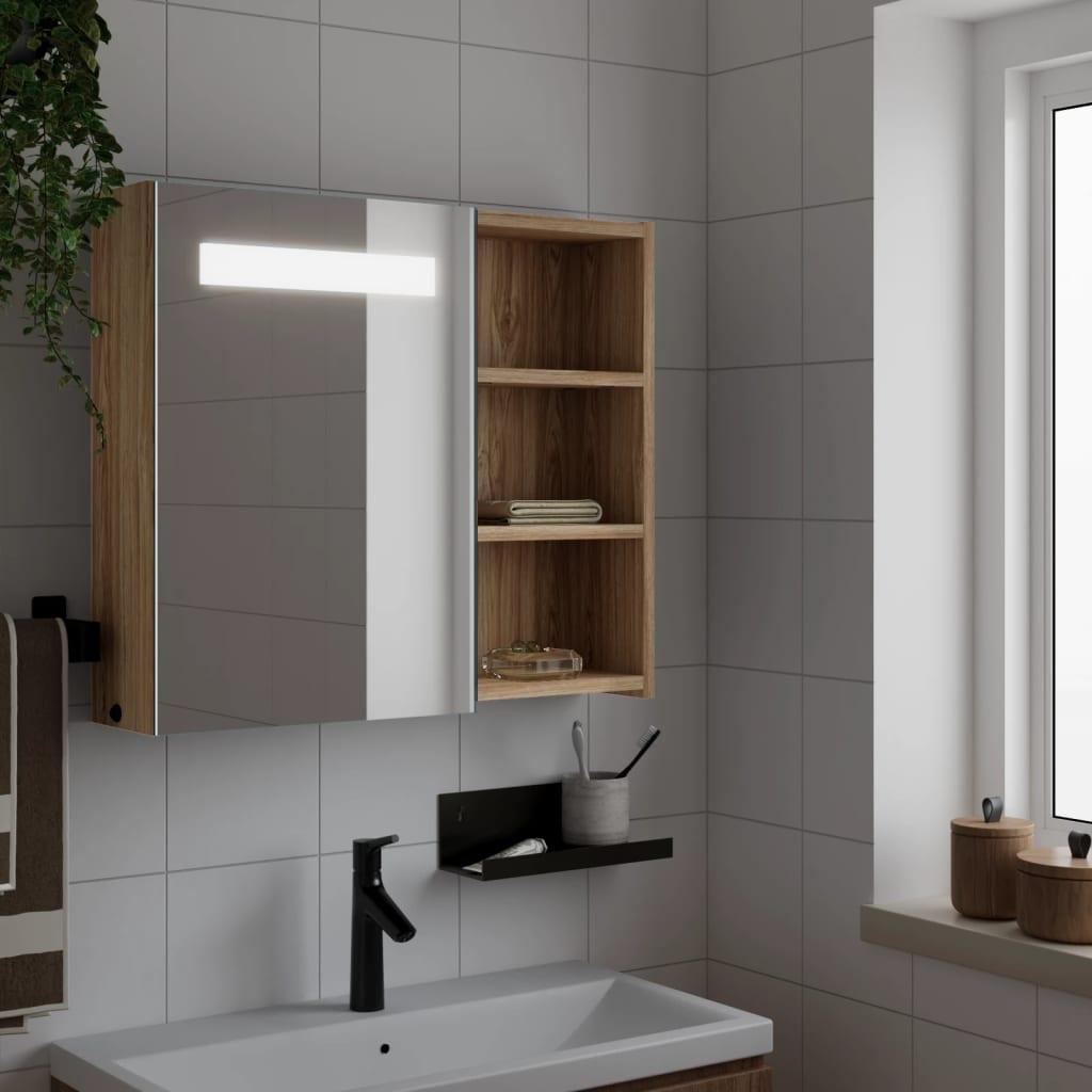 Badeværelsesskab med spejl og LED-lys 60x13x52 egetræsfarve