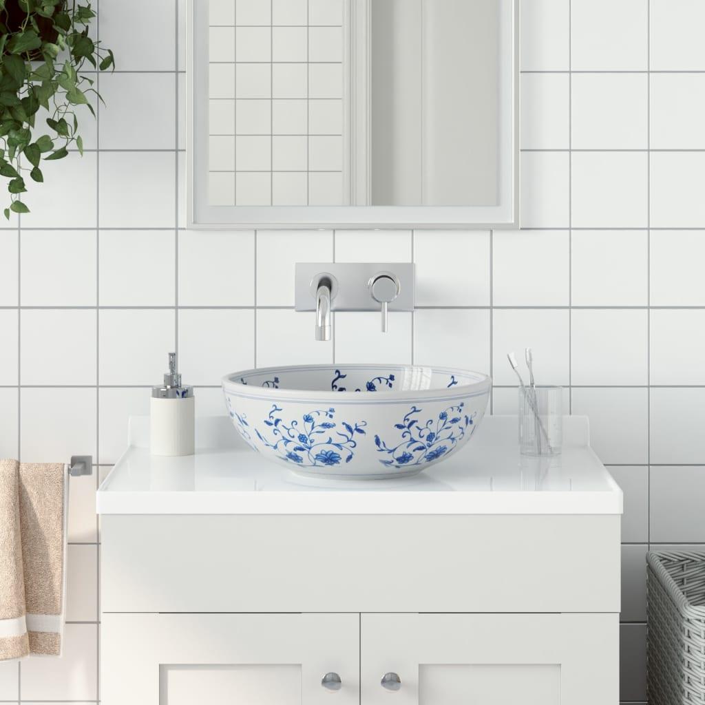 Håndvask til bordplade Φ41x14 cm rund keramik hvid og blå