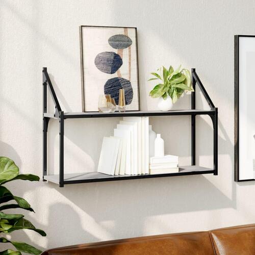 Vægreol m. 2 hylder 80x21x51 cm konstrueret træ grå sonoma-eg