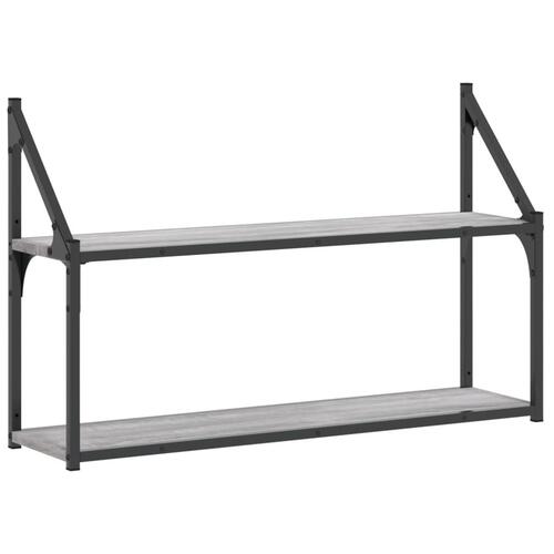 Vægreol m. 2 hylder 80x21x51 cm konstrueret træ grå sonoma-eg