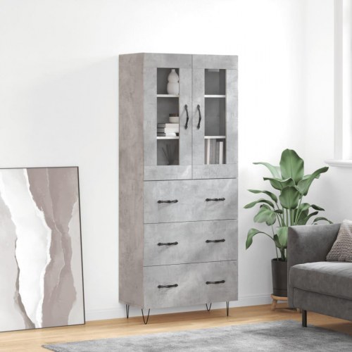 Højskab i konstrueret træ med glas - 69,5 × 34 × 180 cm, betongrå