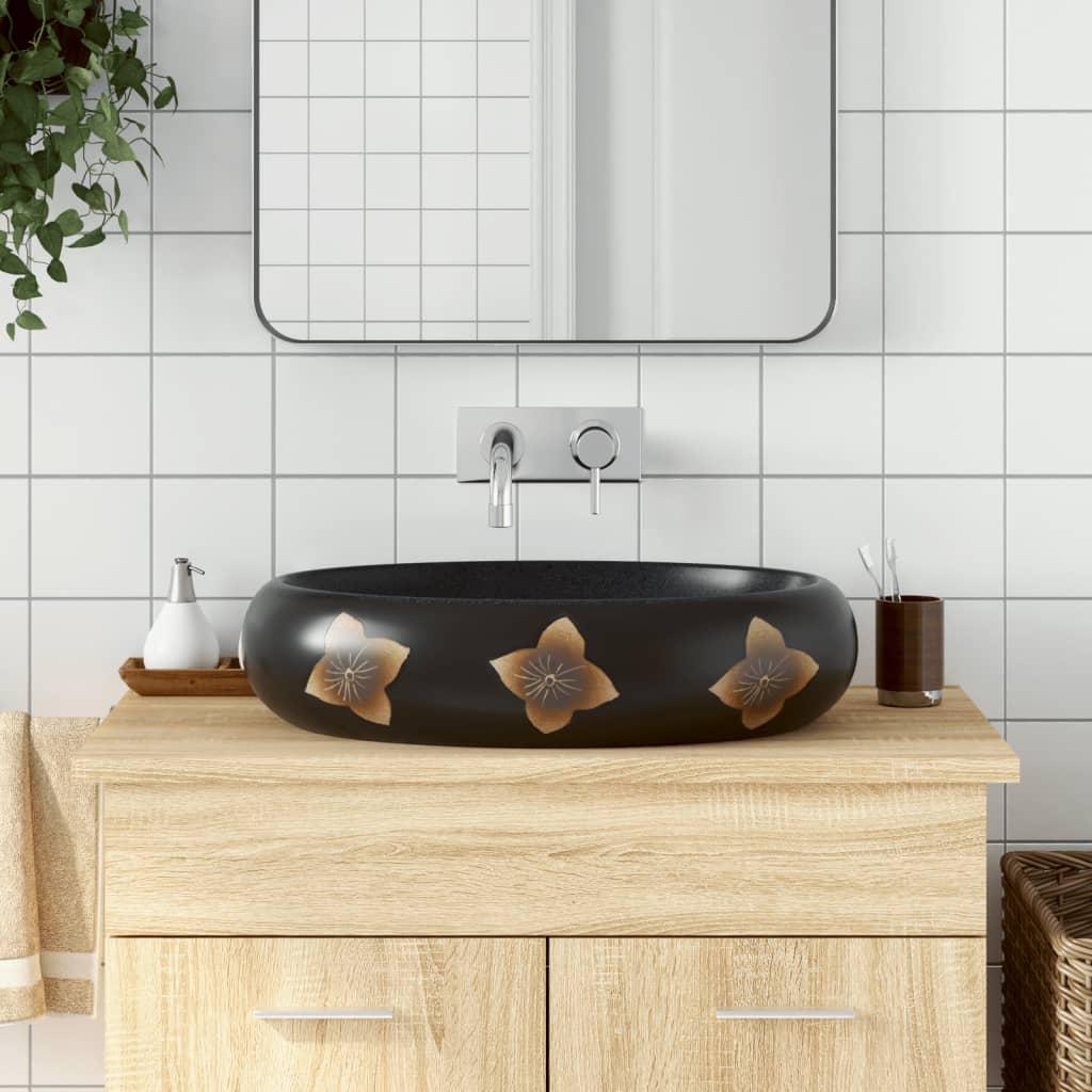 Håndvask til bordplade 59x40x15 cm oval keramik sort og blå