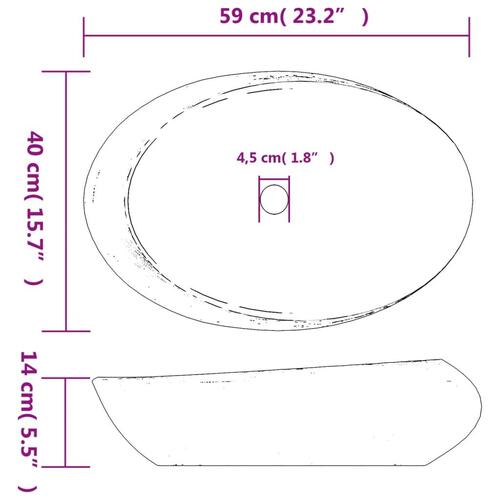 Håndvask til bordplade 59x40x15 cm oval keramik grå og sort