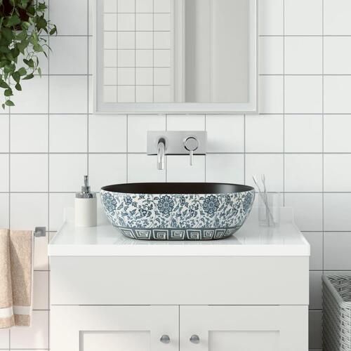 Håndvask til bordplade 47x33x13 cm oval keramik sort og blå