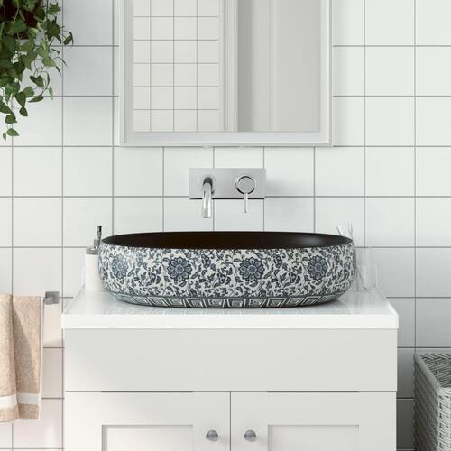 Håndvask til bordplade 59x40x14 cm oval keramik sort og blå