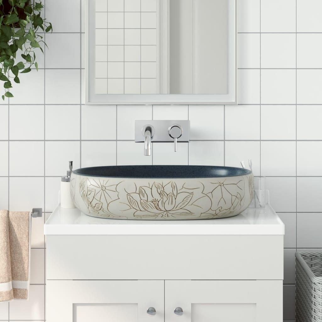 Håndvask til bordplade 59x40x14 cm oval keramik sand og blå