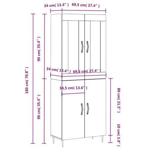 Højskab 69,5x34x180 cm konstrueret træ røget egetræsfarve