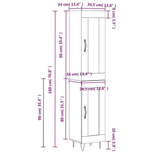 Skab 34,5x34x180 cm konstrueret træ hvid