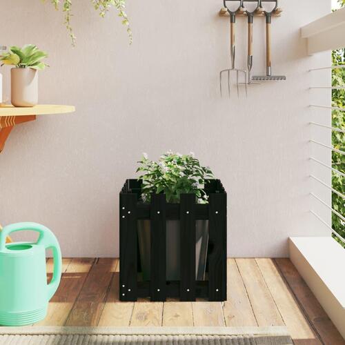 Plantekasse med stakitdesign 40x40x40 cm massivt fyrretræ sort