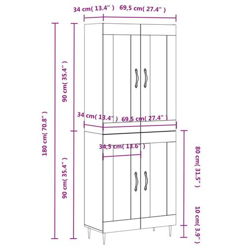 Højskab 69,5x34x180 cm konstrueret træ røget egetræsfarve