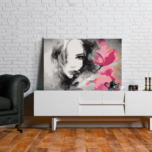 Mal selv billede - Black & White Portrait With A Pink Flower 60 x 40 cm