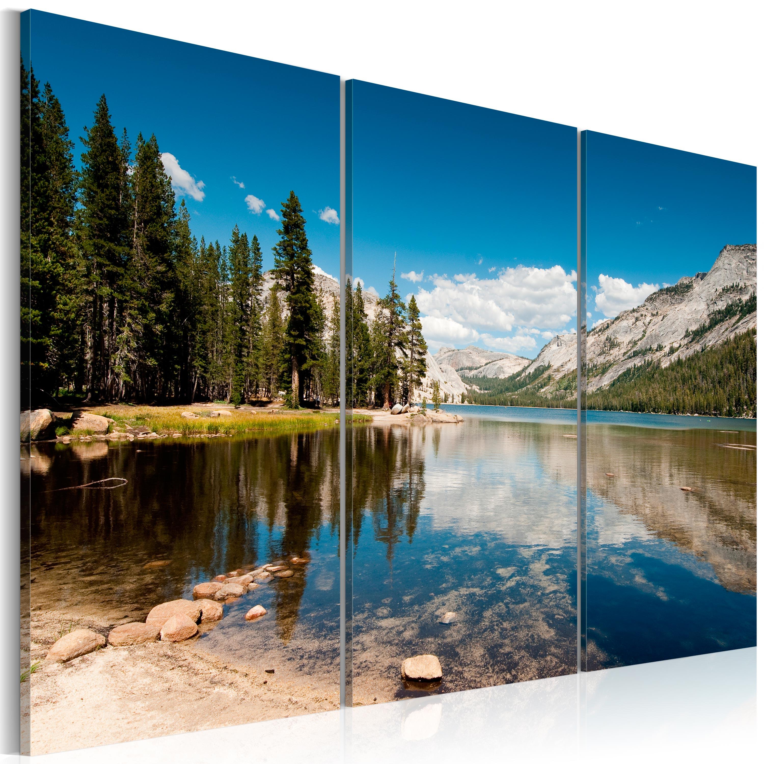 Billede - Mountains, trees and pure lake - 90 x 60 cm - Premium Print