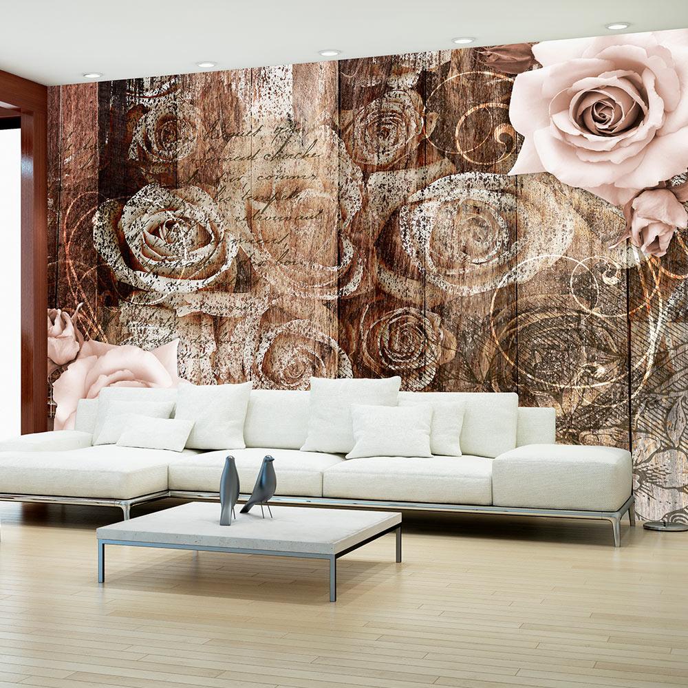 Fototapet - Old Wood & Roses - 392 x 280 cm - Selvklæbende