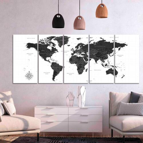 Billede - Black and White Map (5 dele) Narrow