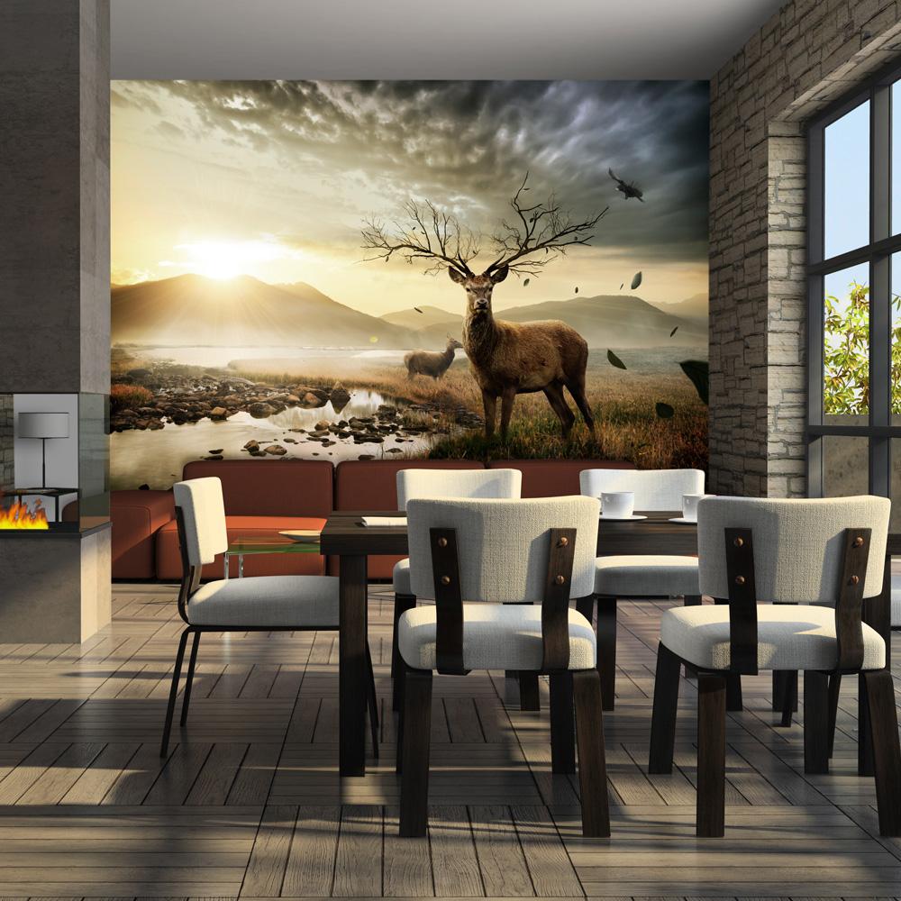 Fototapet - Hjortene ved bjergbæk - 300 x 231 cm - Premium