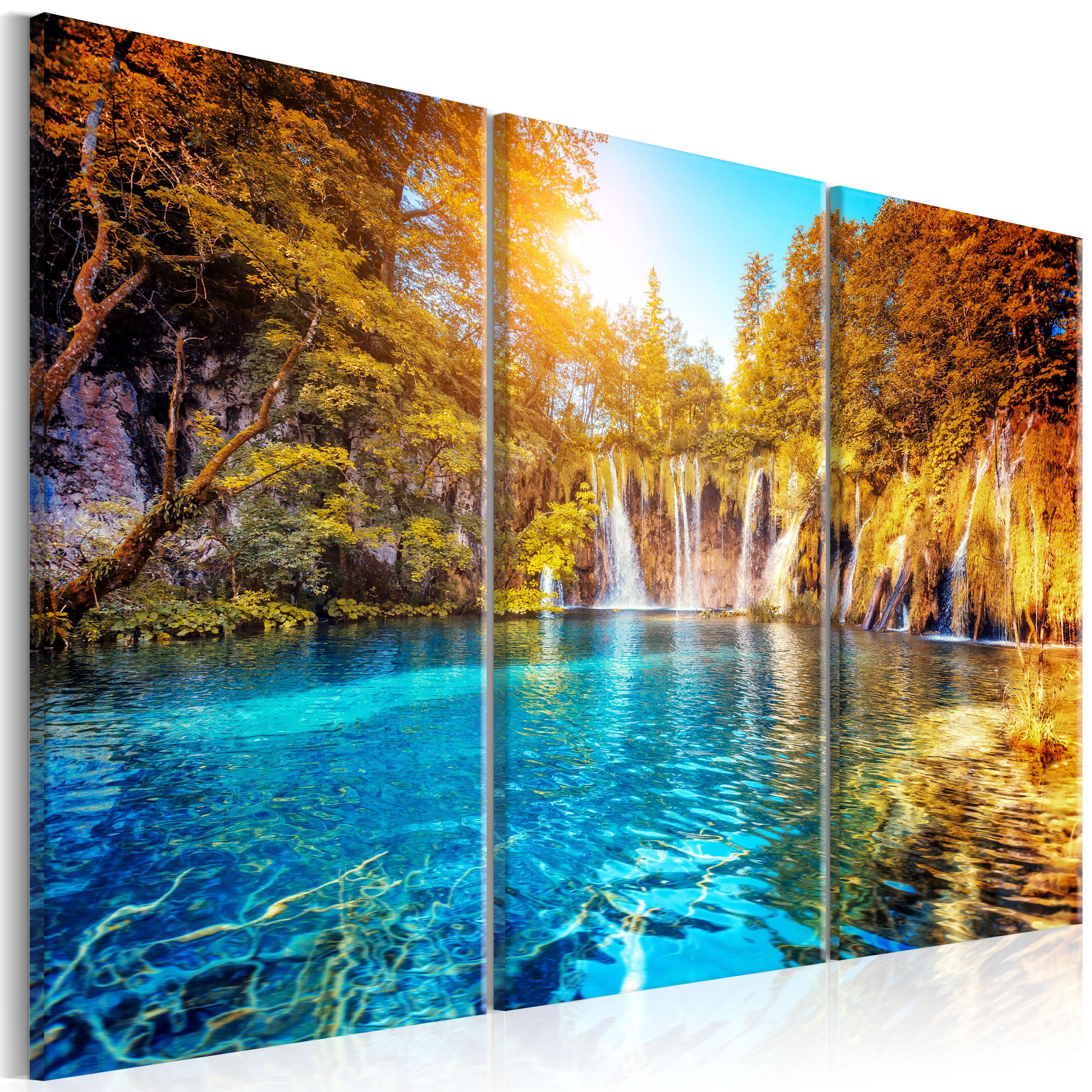 Billede - Waterfalls of Sunny Forest - 60 x 40 cm - På italiensk lærred