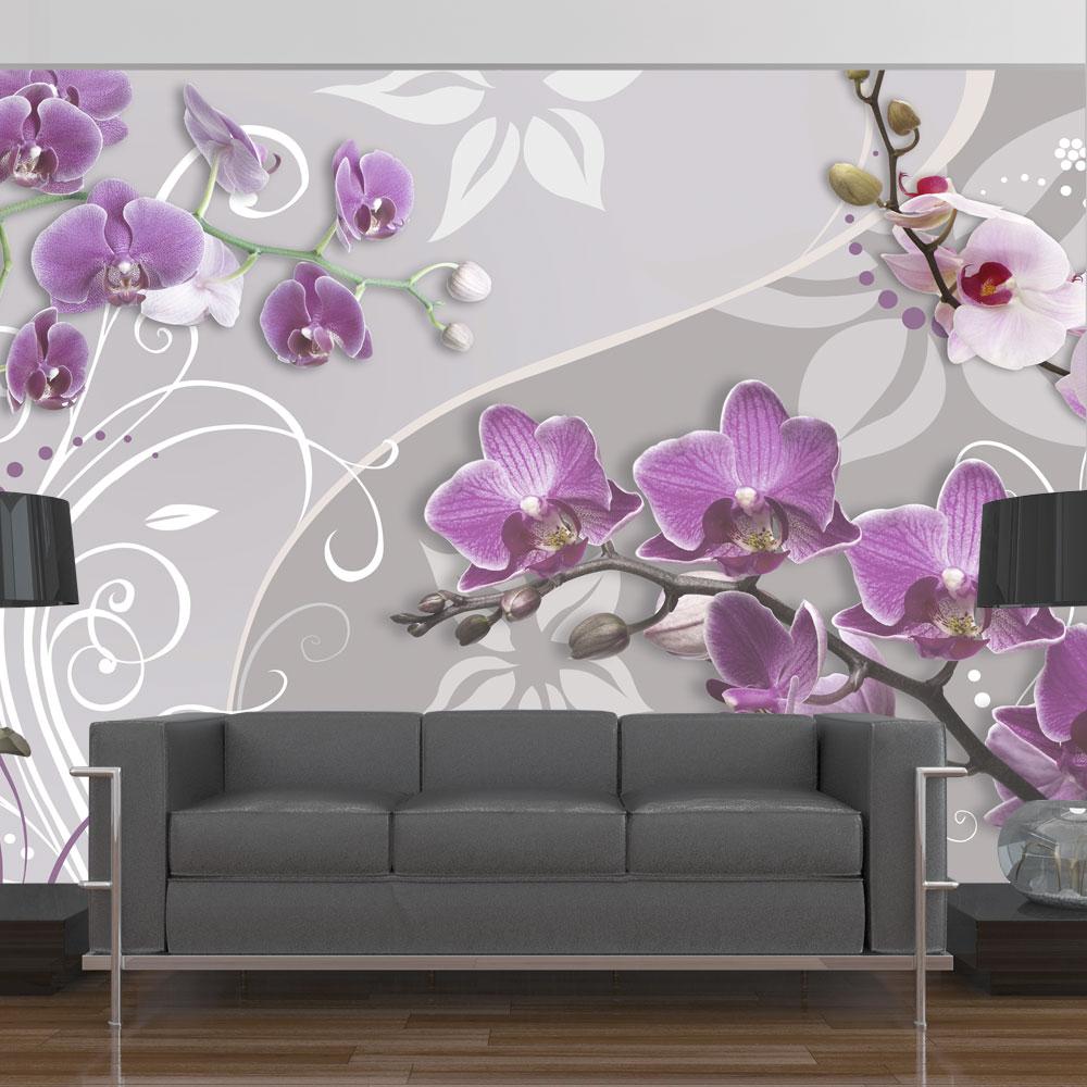 Fototapet - Flight of purple orchids - 300 x 210 cm - Standard