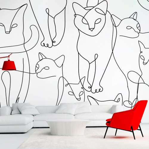 Fototapet med katte lineart i sort på hvid baggrund