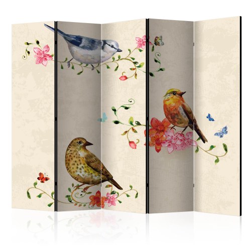 Skærmvæg Fuglesang II - 5-panels rumdeler med fugle og blomster