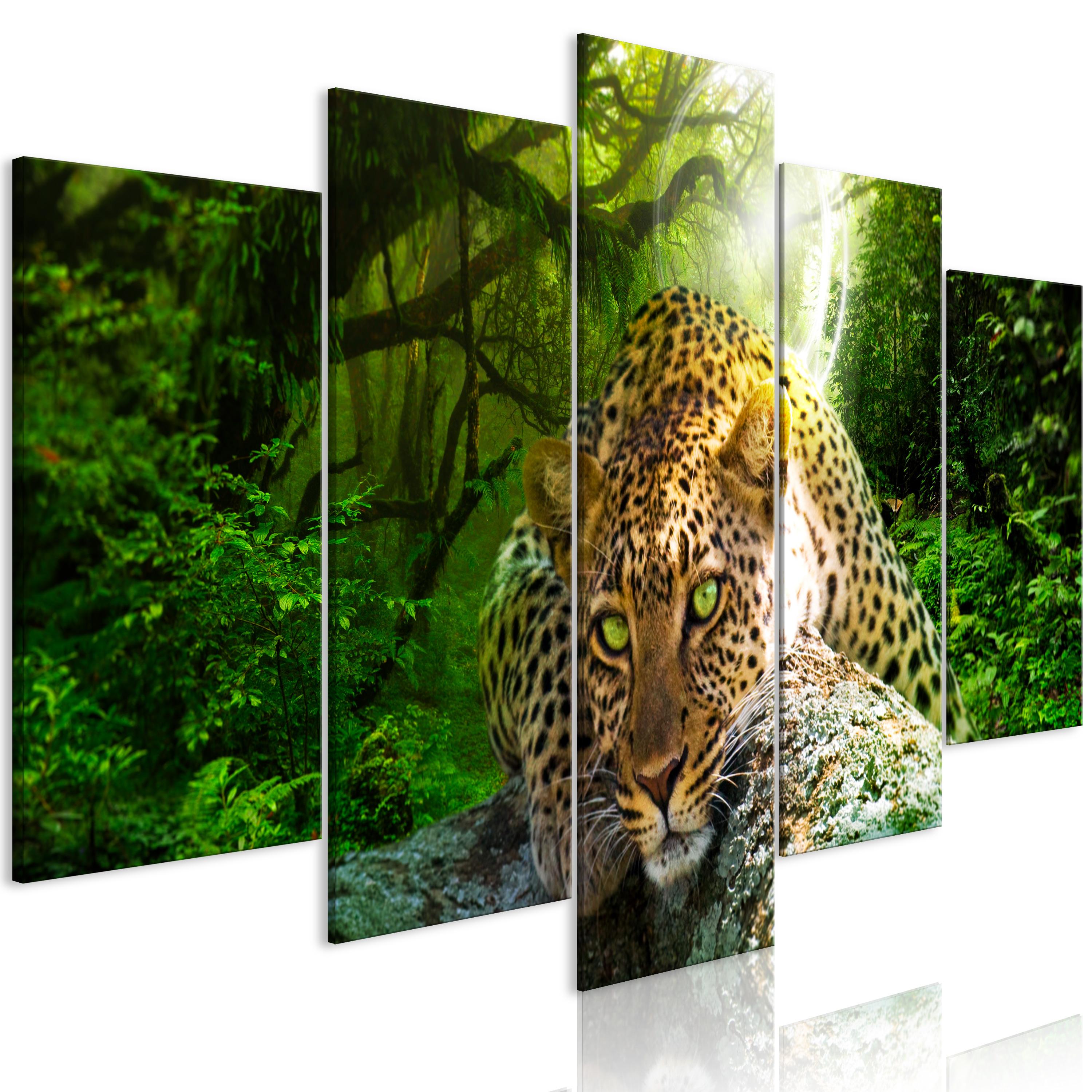 Billede - Leopard Lying (5 dele) Wide Green - 225 x 112.5 cm - Premium Print