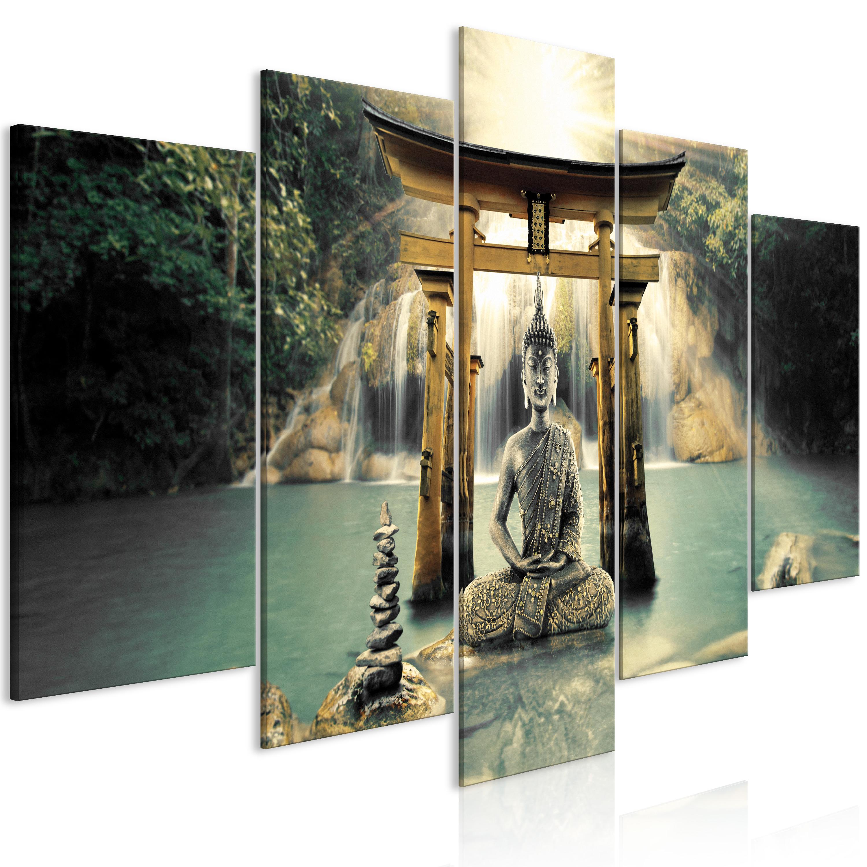 Billede - Buddha Smile (5 dele) Wide - 225 x 112.5 cm - Premium Print