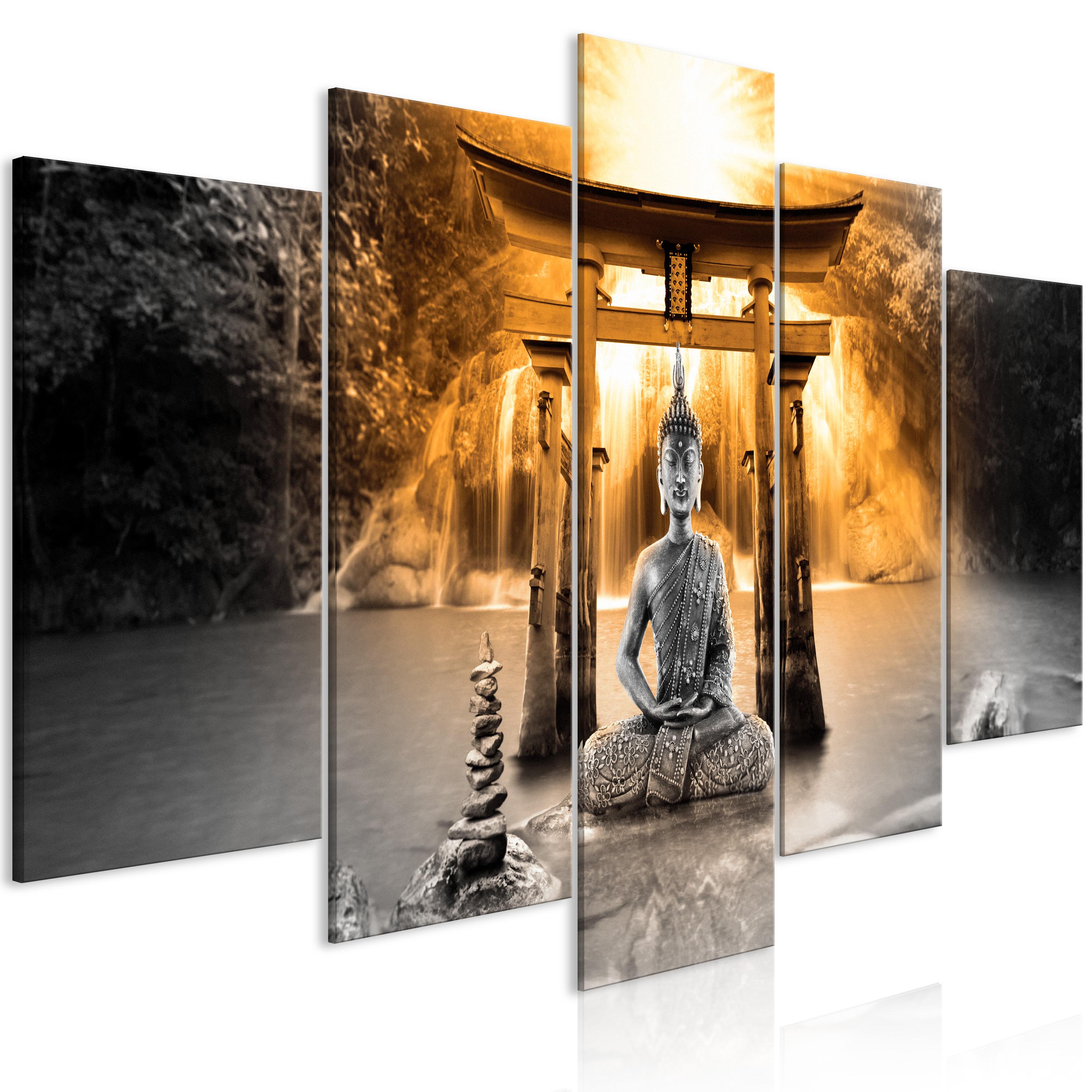 Billede - Buddha Smile (5 dele) Wide Orange - 225 x 112.5 cm - Premium Print