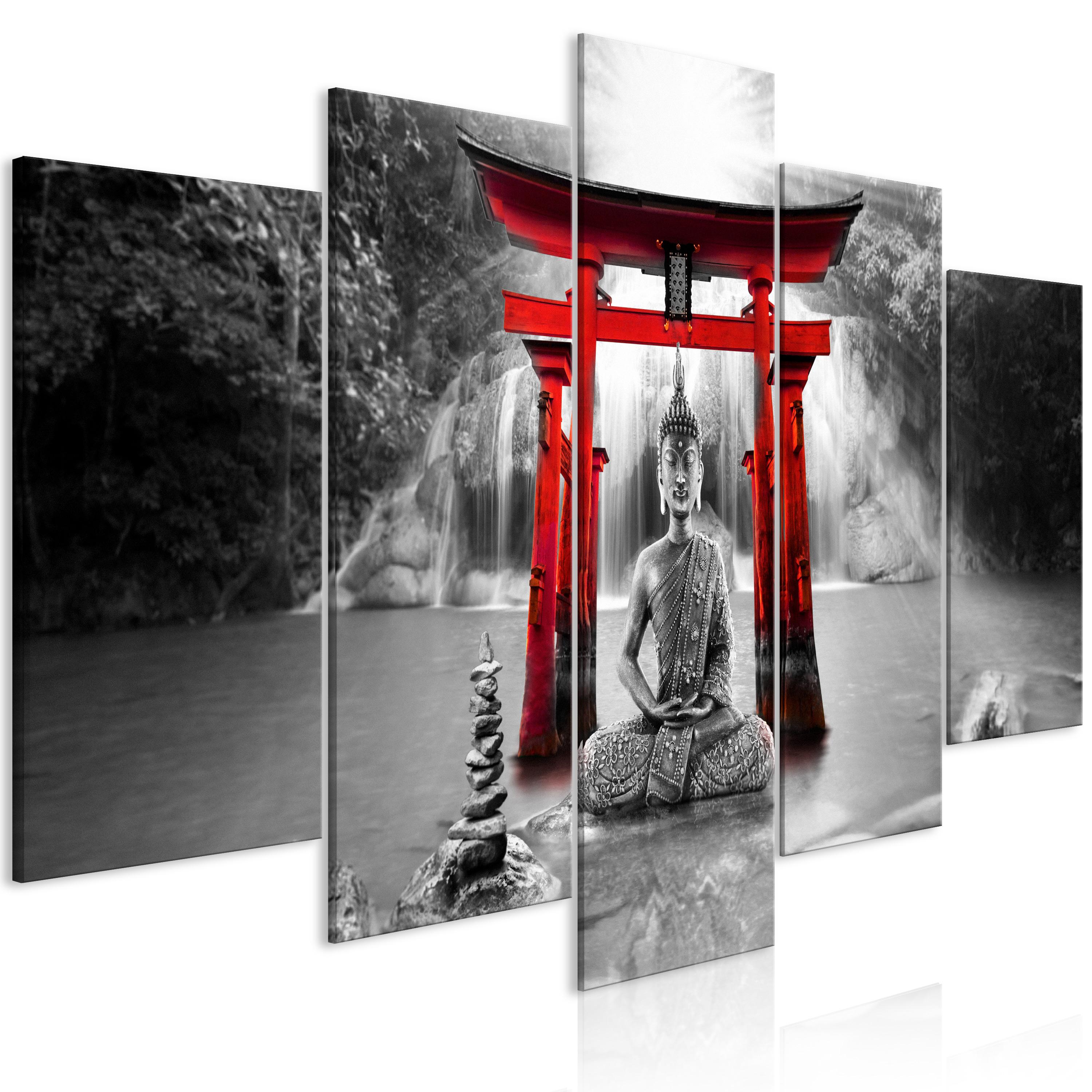 Billede - Buddha Smile (5 dele) Wide Red - 225 x 112.5 cm - Premium Print