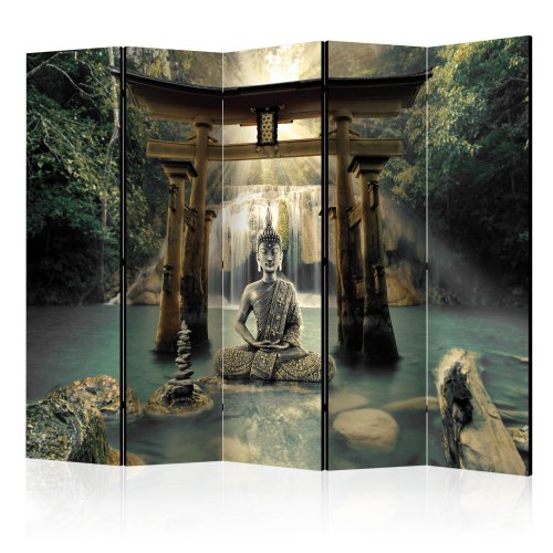 Skærmvæg Buddha Smile II - 5-panels rumdeler 225 × 172 cm