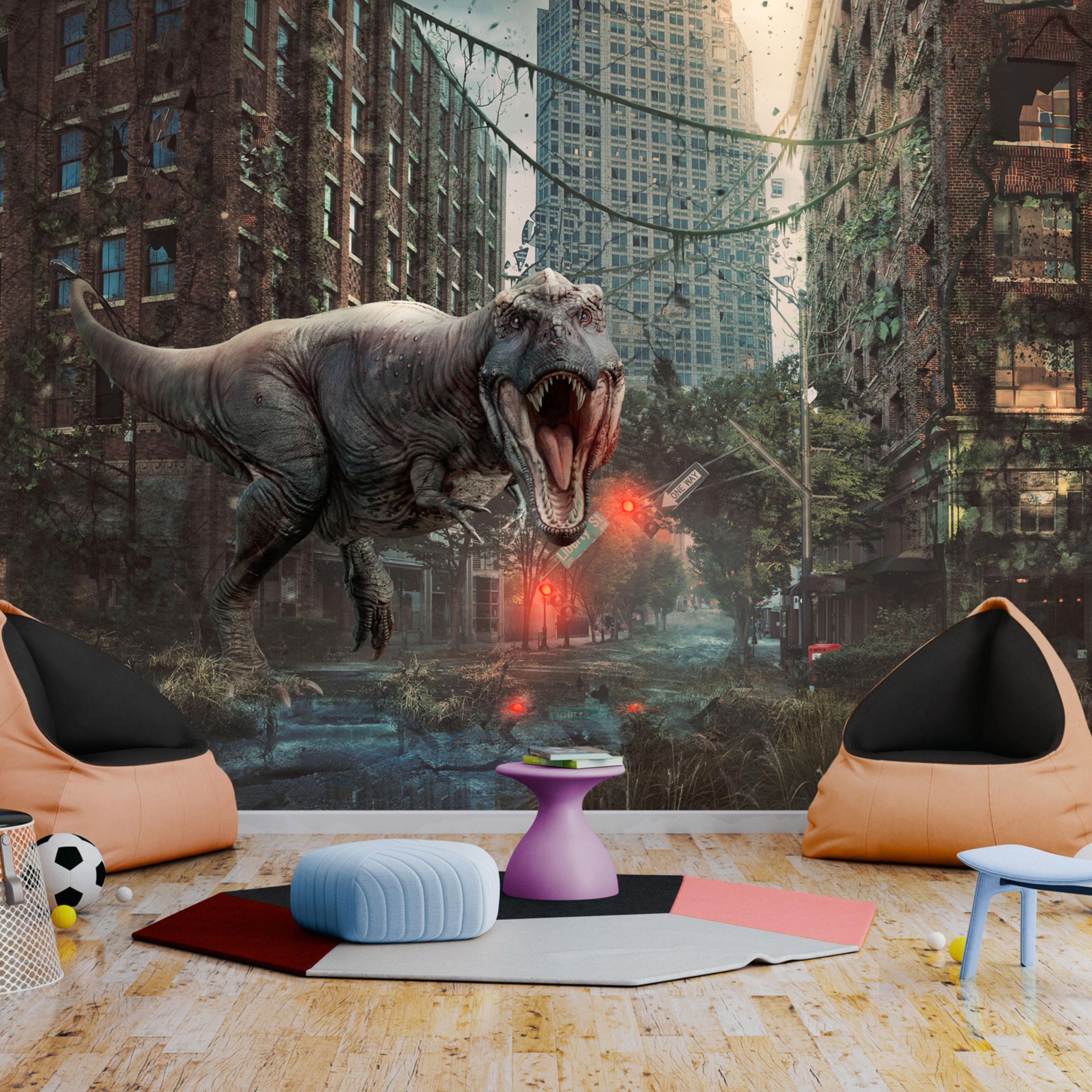 Fototapet - Dinosaur in the City - 300 x 210 cm - Premium