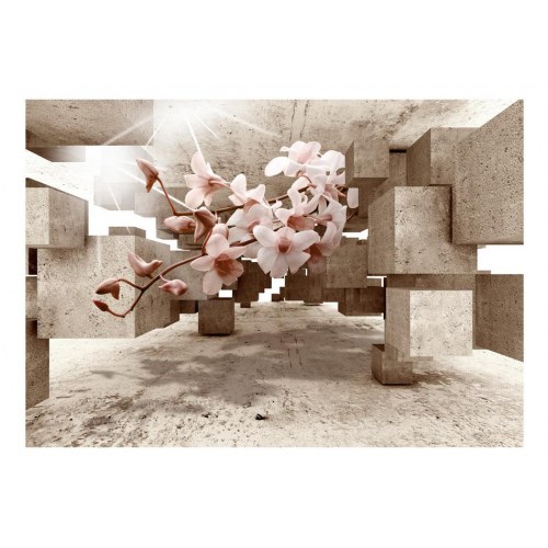 Fototapet Små Mirakler - blomster fototapet med orkidé og 3D betonmotiv