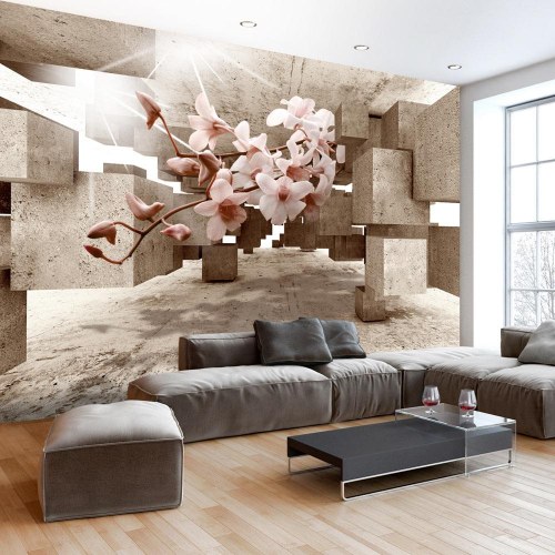 Fototapet Små Mirakler - blomster fototapet med orkidé og 3D betonmotiv