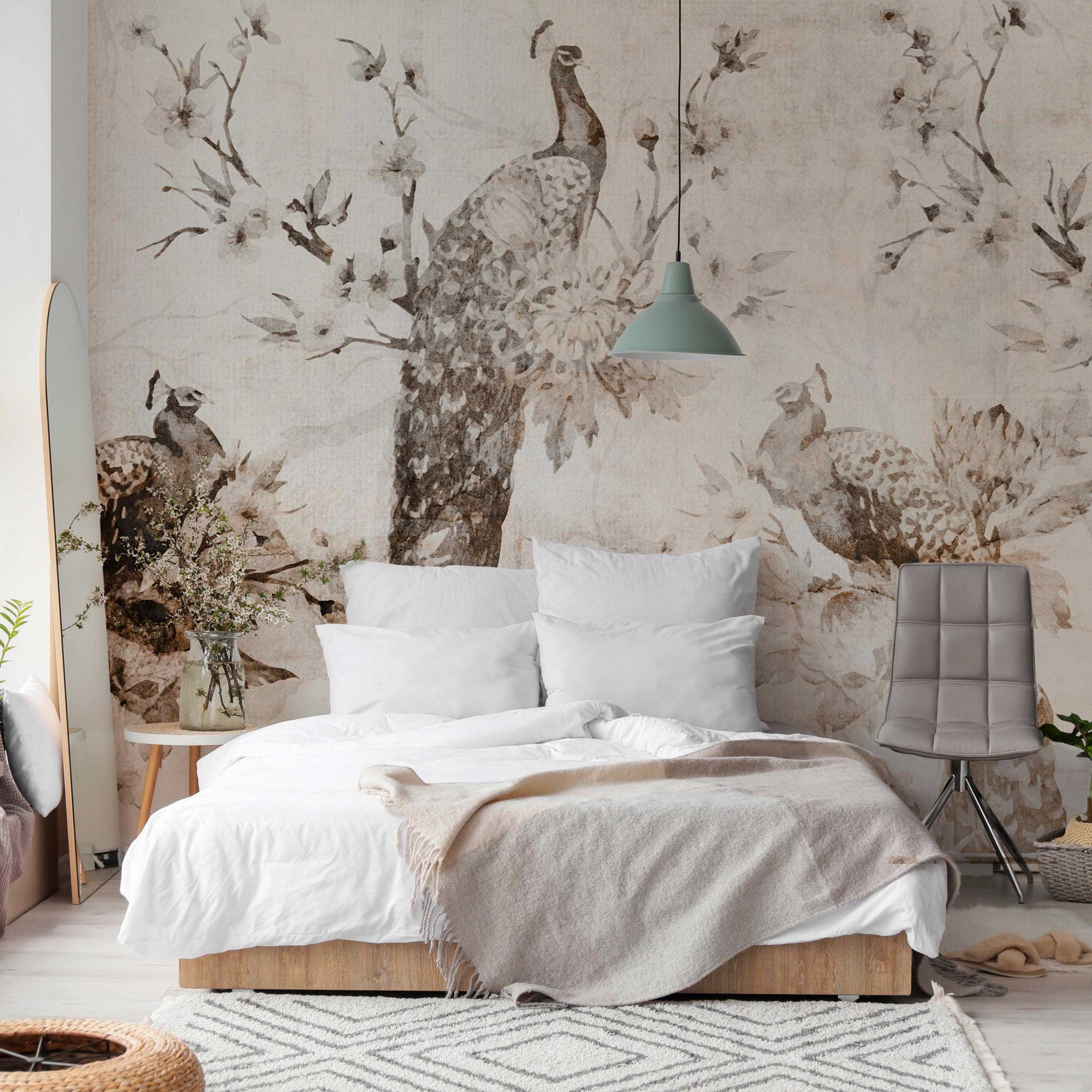 Fototapet - Peacocks in Delicate Beige - 250 x 175 cm - Standard