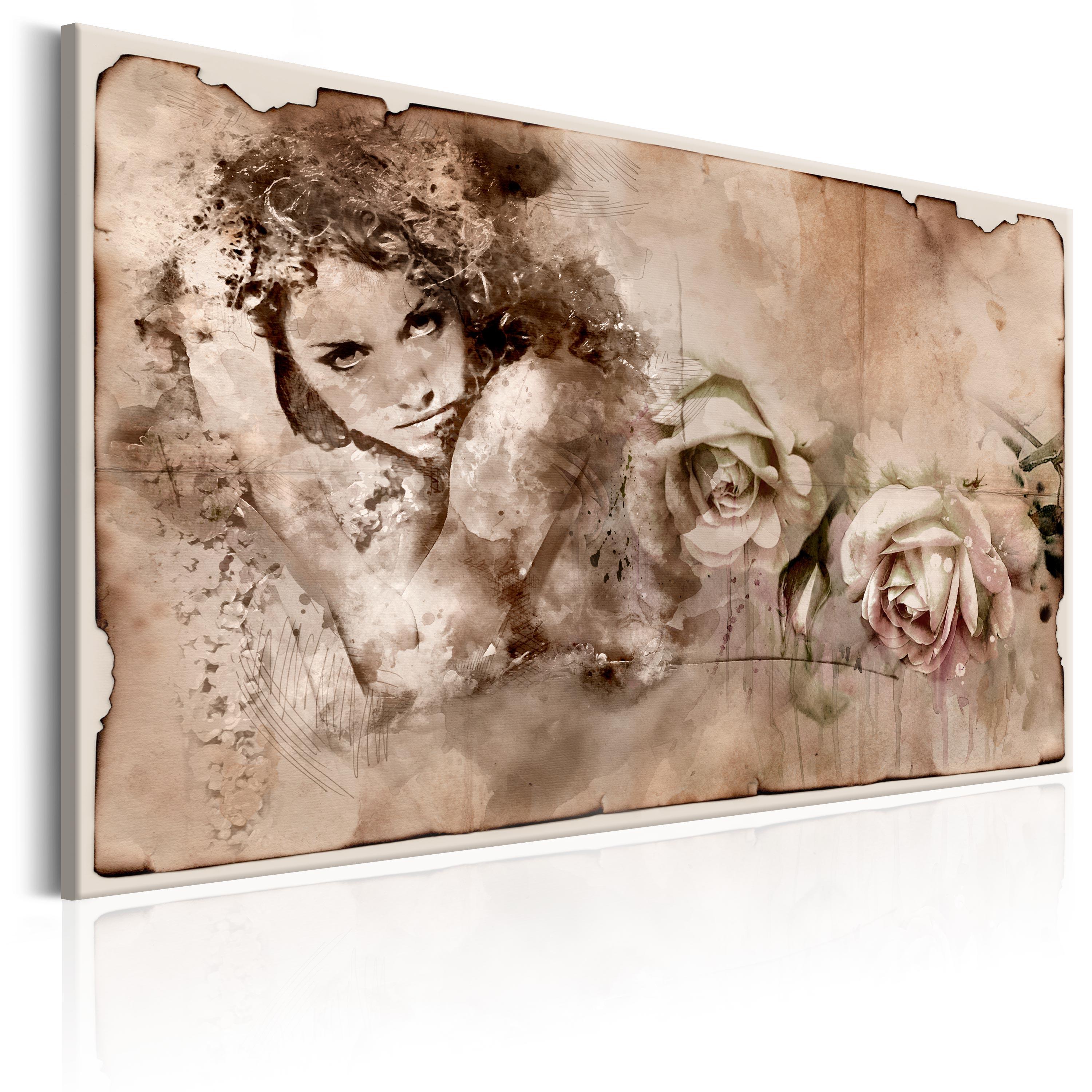 Billede - Retro Style: Woman and Roses - 120 x 80 cm - Standard