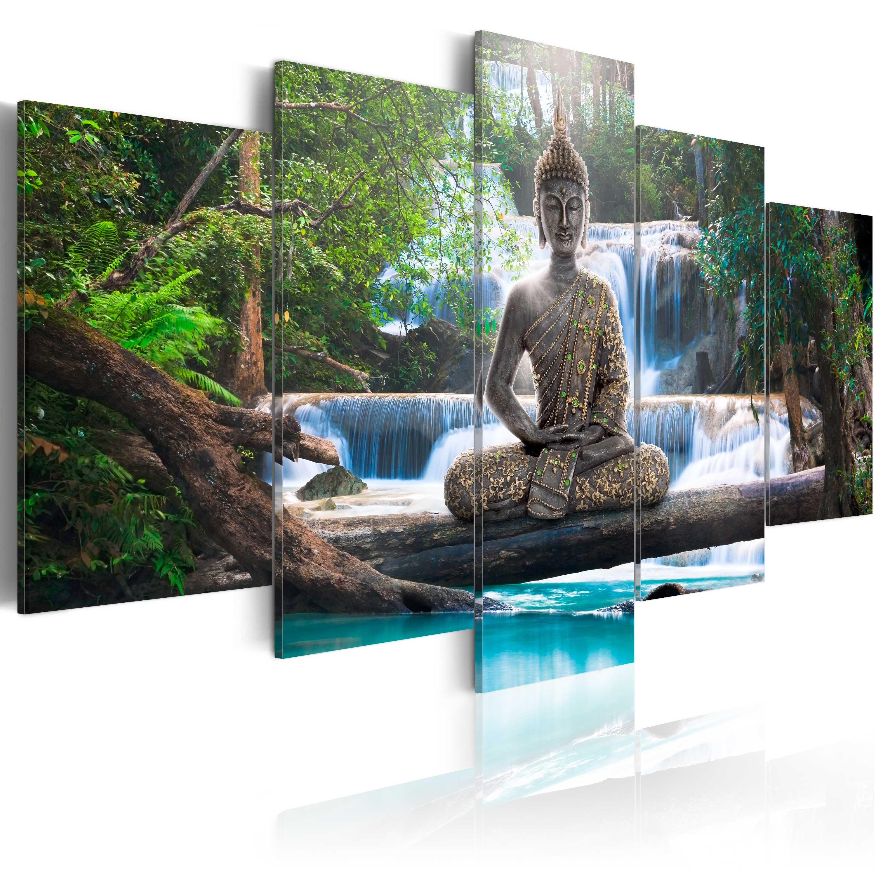 Billede - Buddha and waterfall - 100 x 50 cm - På italiensk lærred