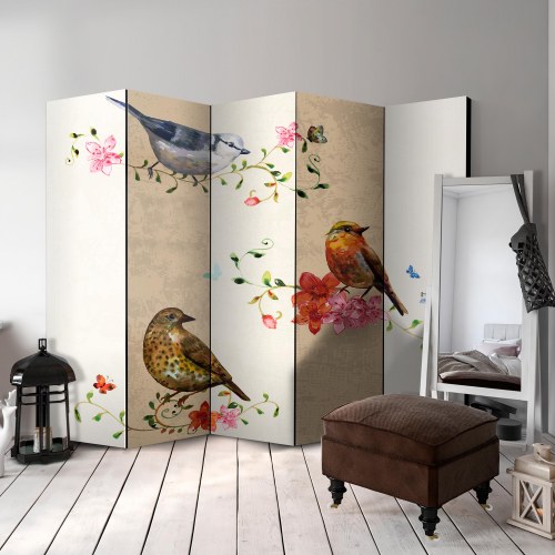 Skærmvæg Fuglesang II - 5-panels rumdeler med fugle og blomster