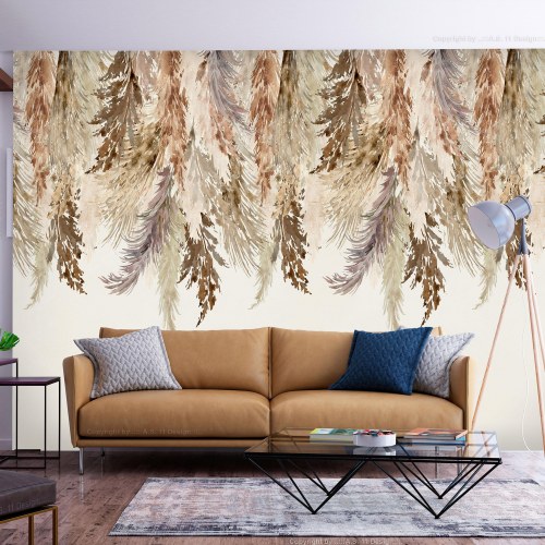 Fototapet - minimalistisk boho landskab med hængende blade i beige