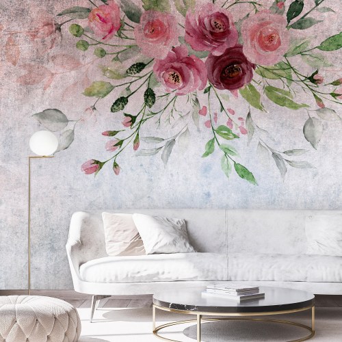 Fototapet Summer Bloom med blomster og blade i rosa nuancer