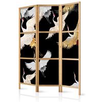 Japansk skærmvæg - Cranes at Night - White and Gold Birds Flying Away on a Black Background 135 x 161 cm