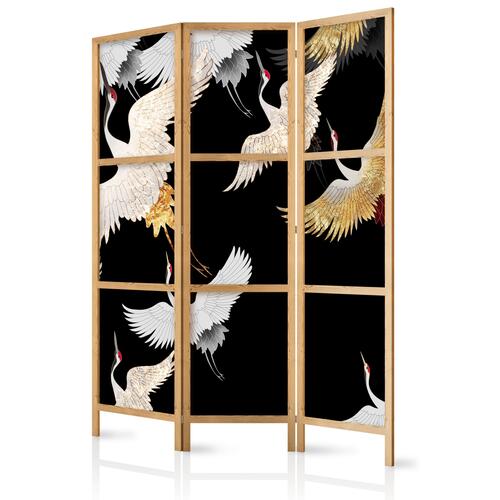 Japansk skærmvæg - Cranes at Night - White and Gold Birds Flying Away on a Black Background 135 x 161 cm