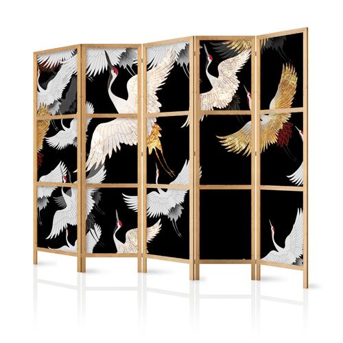 Japansk skærmvæg - Cranes at Night - Golden-White Birds Flying Away on a Black Background 225 x 161 cm