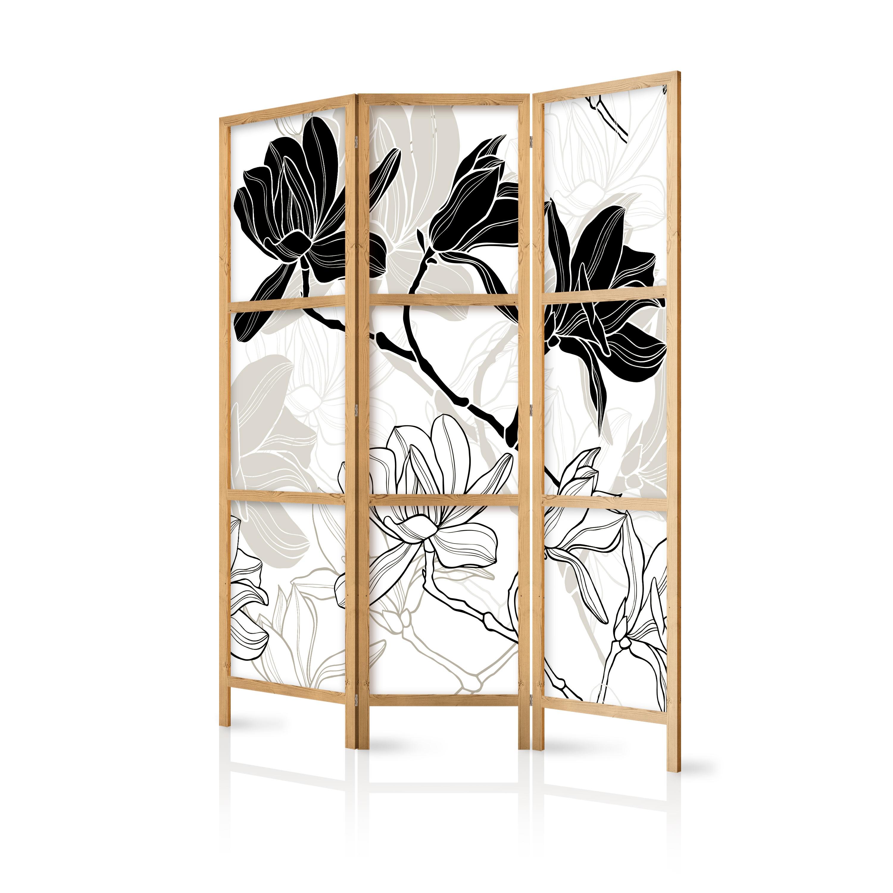 Japansk skærmvæg - Black and White Flowers I 135 x 161 cm