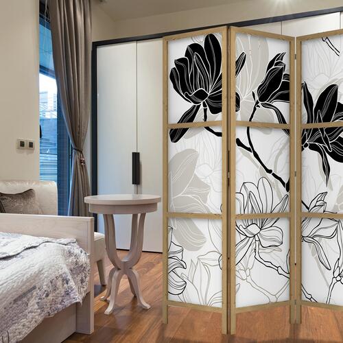 Japansk skærmvæg - Black and White Flowers I 135 x 161 cm