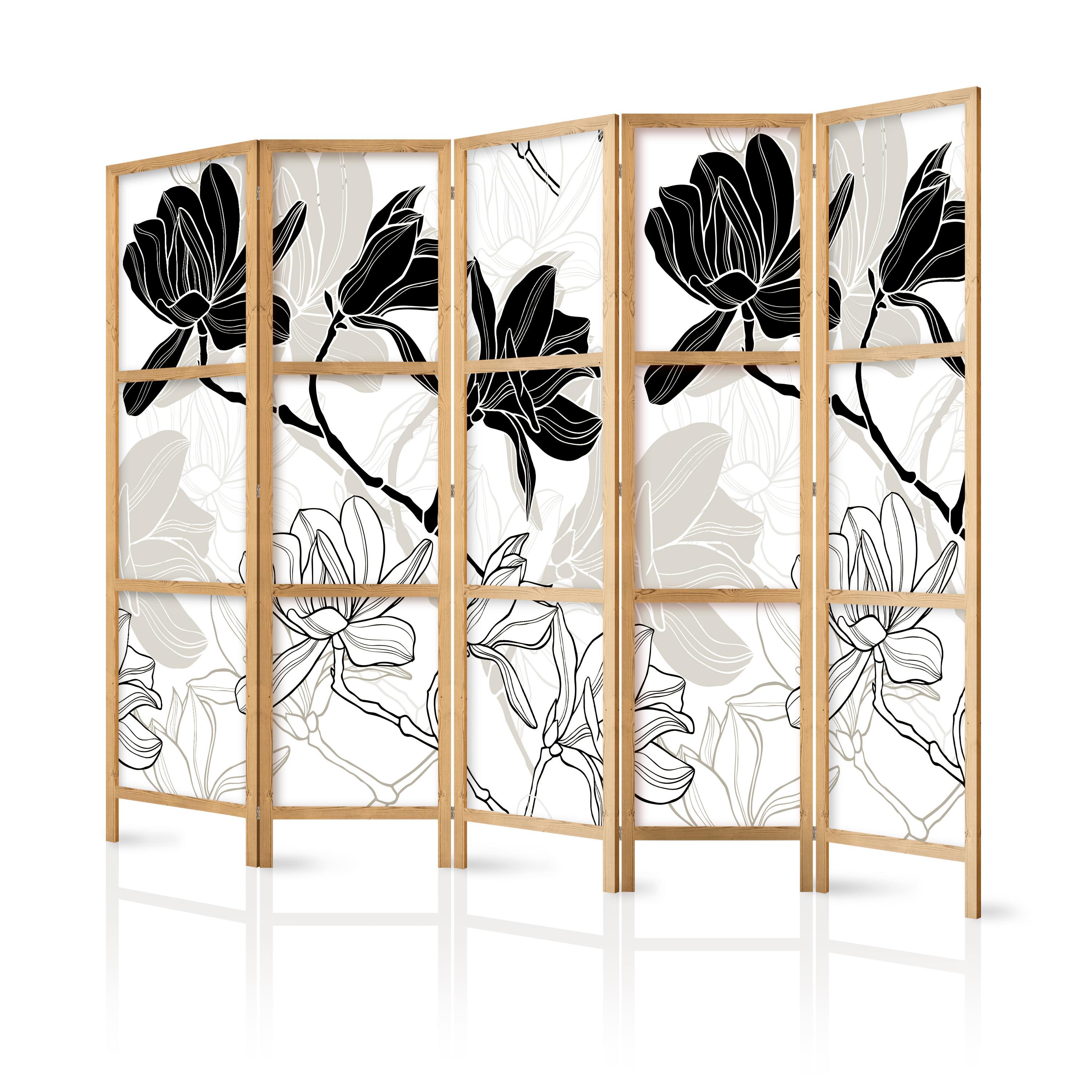 Japansk skærmvæg - Black and White Flowers II 225 x 161 cm