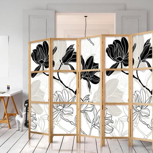 Japansk skærmvæg - Black and White Flowers II 225 x 161 cm